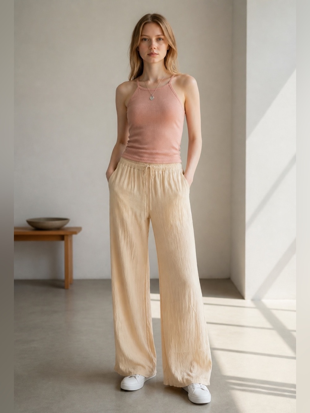 Made in Italy Crinkle Viscose Wide Leg Pants Size Small Beige